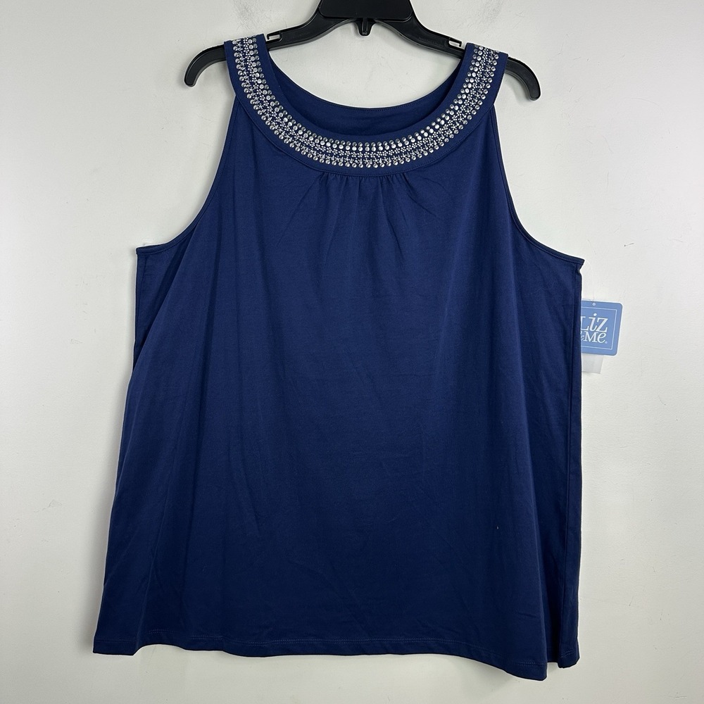Liz &‎ Me Womens Sleeveless Top Navy Blue 1X Silver Bead Trim Neckline NWT